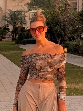 LaPointe Snake Print Off-Shoulder Ruched Crop Top - crossed size XS LIKE NEW